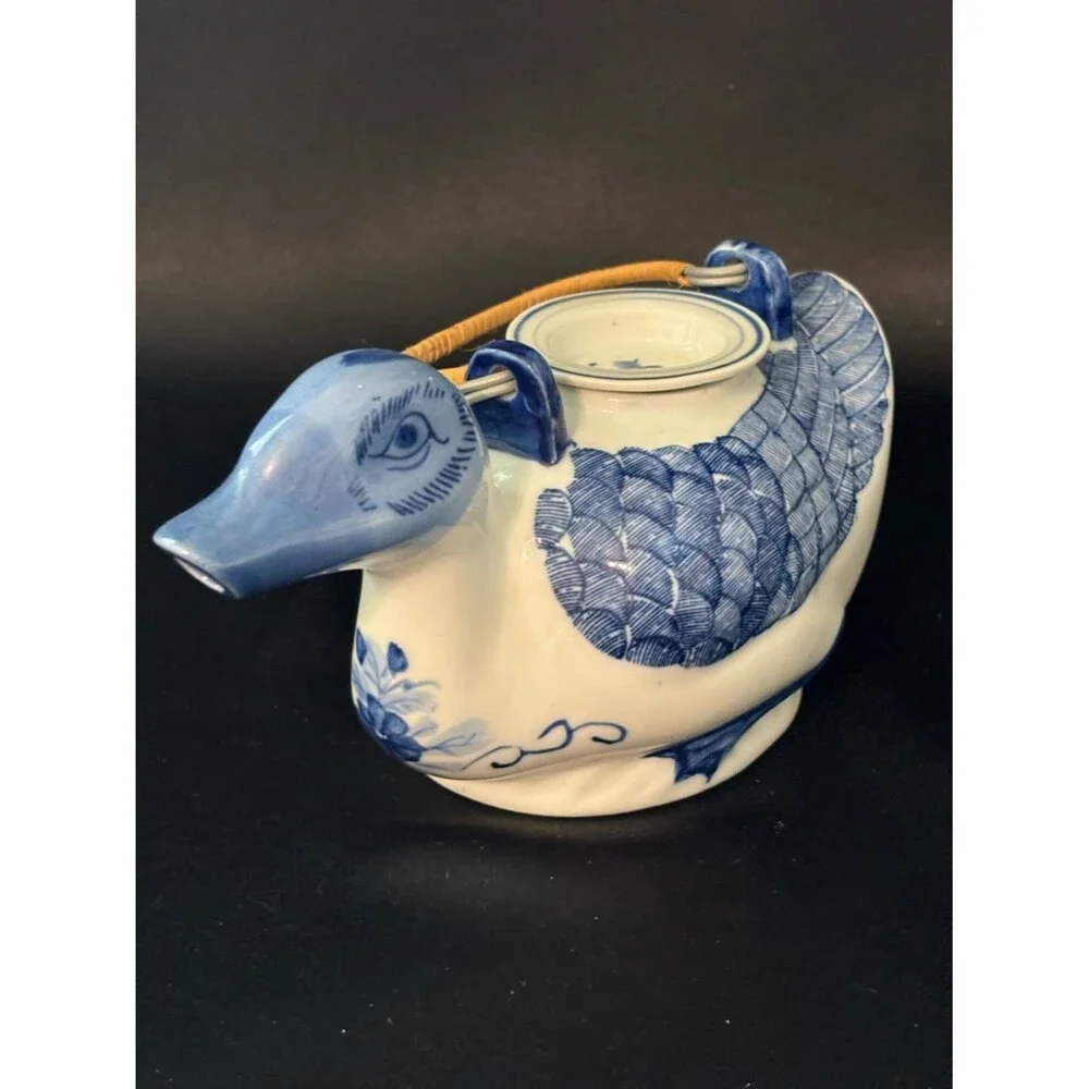 Vintage Blue & White Hand Painted Duck Teapot Floral Accents Made In China